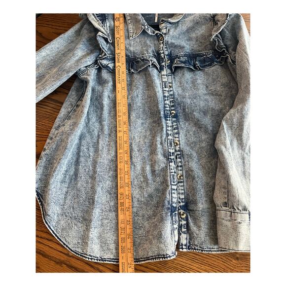 Free People Samantha Ruffle Denim Long Sleeved Button Up Shirt-Large - Picture 6 of 6